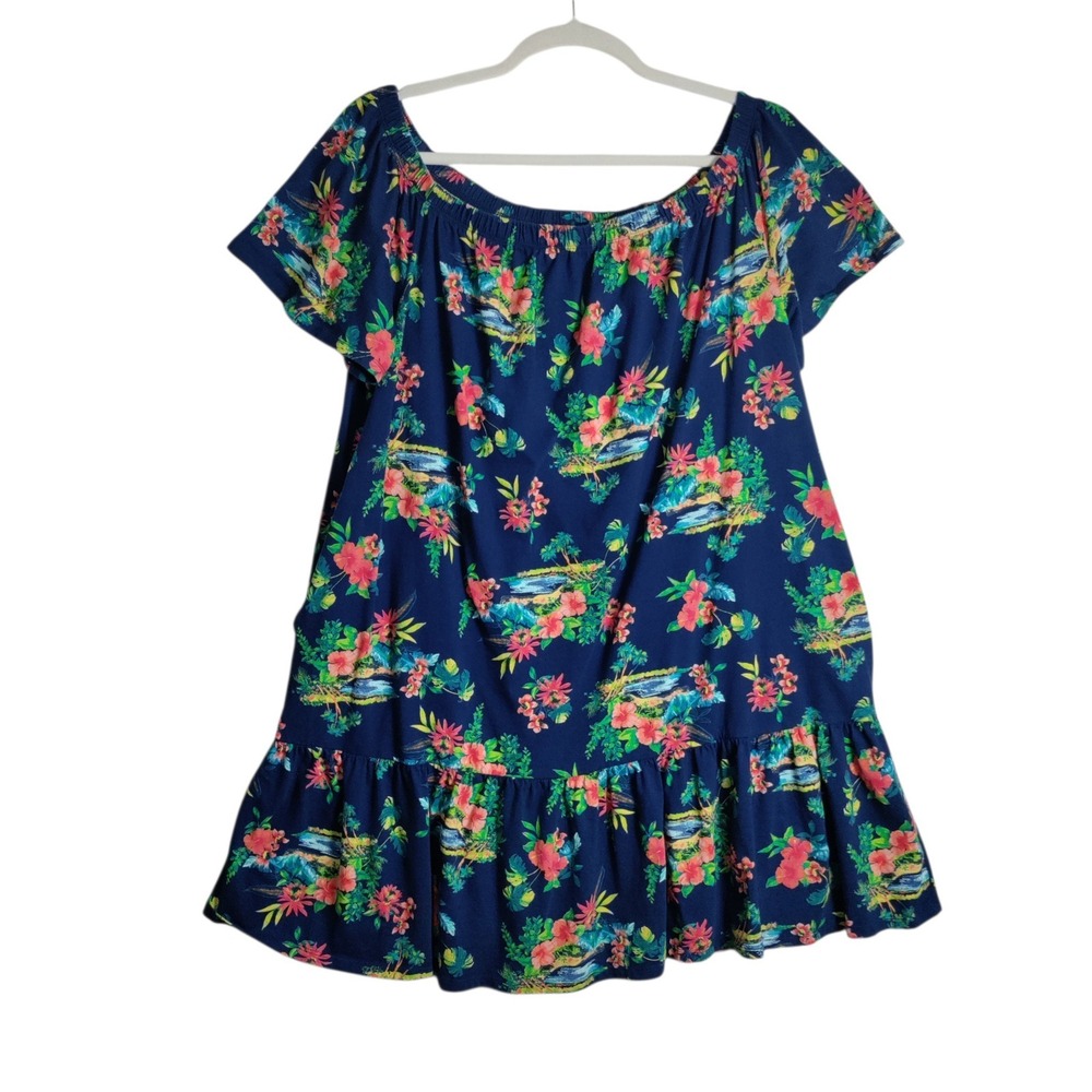 Lands End Tropical Floral Off Shoulder Ruffle Hem Top Navy Blue 2X 20W-22W